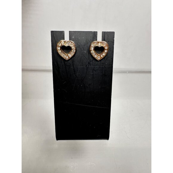 Gold Plated Rhinestone Heart Shaped Stud Earrings Womens Fashion Jewelry - Picture 1 of 4